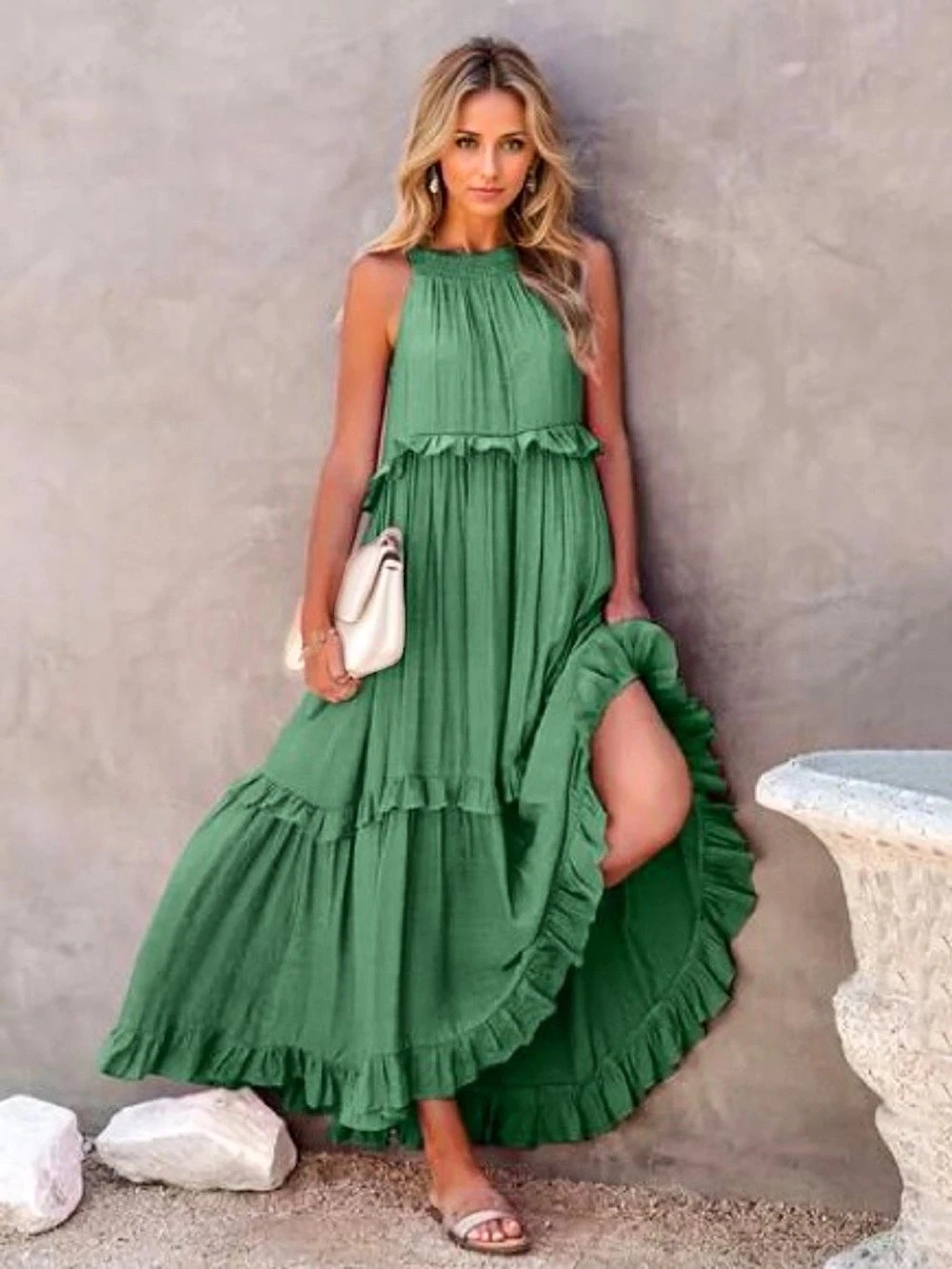 NWT Jade Green Ladies SZ Small Ruffled Tiered Halter Maxi Dress NEW / Pockets